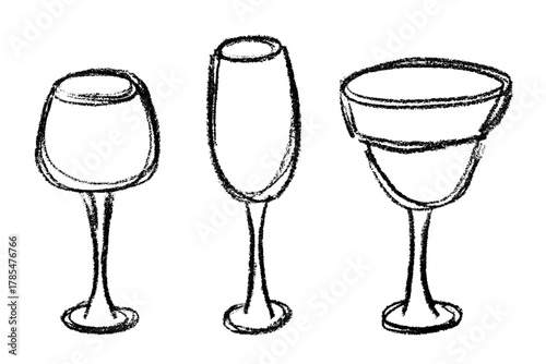 Set of hand drawn wine and champagne glasses Alcohol drink clipart in doodle style Single element for print, web, design, decor Happy New Year