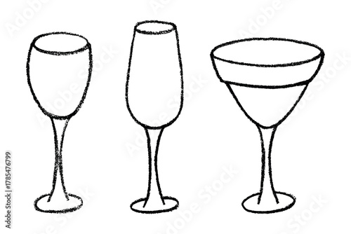 Set of hand drawn wine and champagne glasses Alcohol drink clipart in doodle style Single element for print, web, design, decor Happy New Year