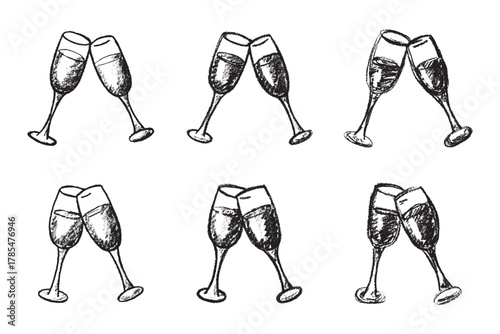 Set of hand drawn champagne glass Alcohol drink clipart in doodle style Single element for print, web, design, decor Happy New Year