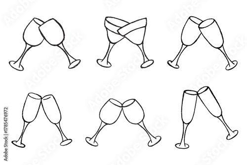 Set of hand drawn wine and champagne glasses Alcohol drink clipart in doodle style Single element for print, web, design, decor Happy New Year