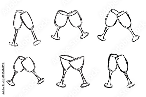 Set of hand drawn wine and champagne glasses Alcohol drink clipart in doodle style Single element for print, web, design, decor Happy New Year