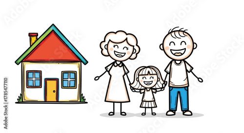 Cartoon illustration of a happy family standing next to their house with a red roof and yellow door