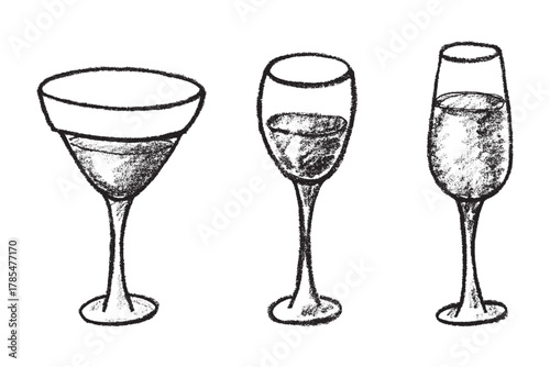 Set of hand drawn wine and champagne glasses Alcohol drink clipart in doodle style Single element for print, web, design, decor Happy New Year