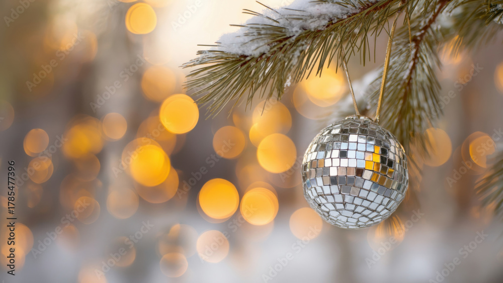 Obraz premium Disco ball on pine with snow and warm lights, created AI