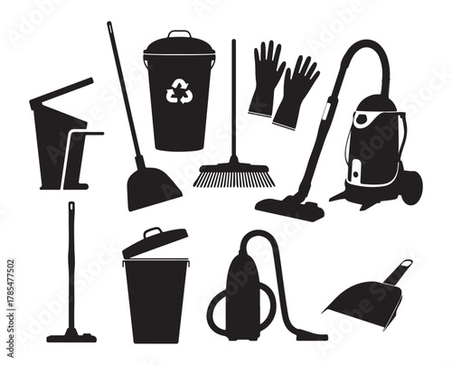 Cleaning Tools Vector Silhouette Set with Mop, Vacuum, Bucket, Gloves and Dustbin on White Background.