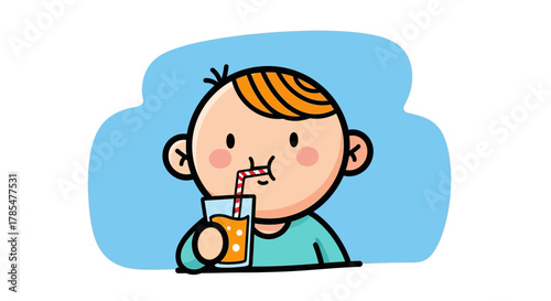 Cartoon illustration of a child drinking orange juice through a red and white striped straw happily