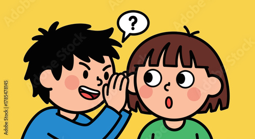 Boy whispering a secret to a girl with a question mark above her head on a yellow background