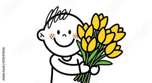 Cartoon drawing of a child holding a bouquet of yellow tulips on a white background illustration