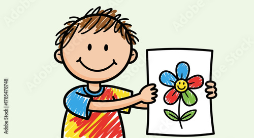 Cartoon boy smiling and holding up a drawing of a flower with blue red and green petals and yellow center