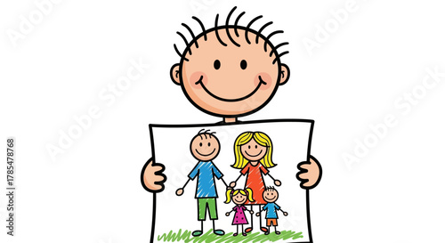 Cartoon boy holding a drawing of his family with a father mother sister and brother on a white background