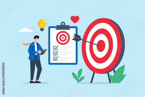 Flat illustration of businessman setting measurable goals and focusing on success target with planning strategy clear vision and motivation to achieve bullseye