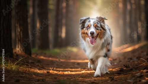 Happy australian shepherd dog walking on a forest path in sunlight