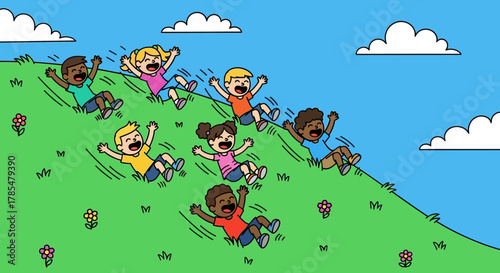 Children sliding down a grassy hill with flowers and clouds in a cartoon style illustration art