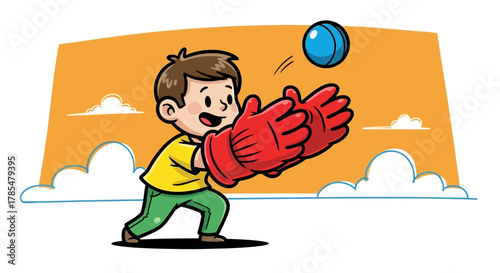 Cartoon boy with oversized red gloves reaching to catch a blue ball against an orange sky backdrop
