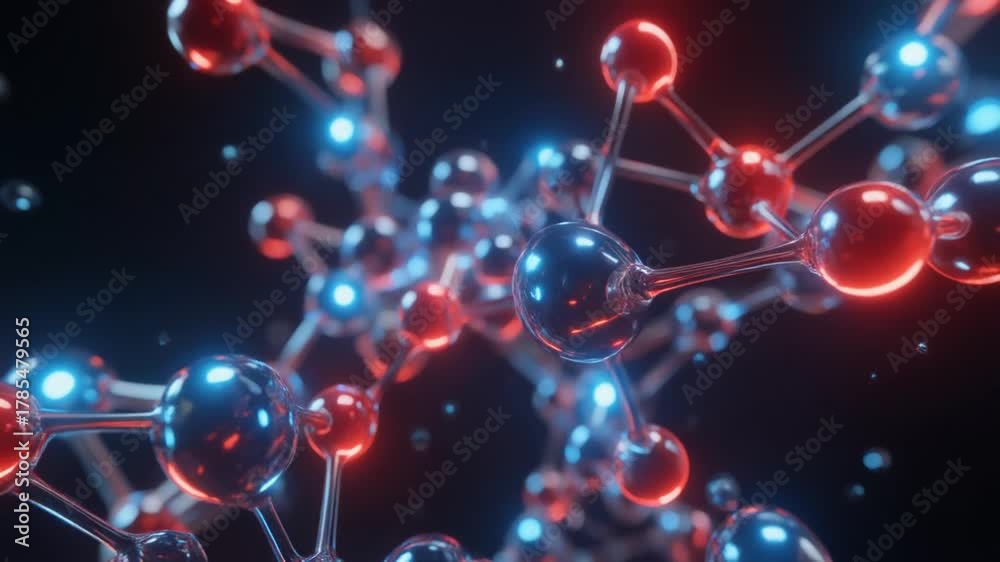 A detailed 3D visualization of a complex molecular structure with interconnected red and blue glowing atoms on a dark background.