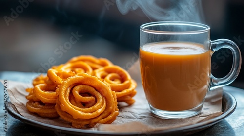 Traditional Pakistani chai served in a clear glass cup with steam rising, placed next to freshly fried, golden snack on a metal tray lined with paper.
