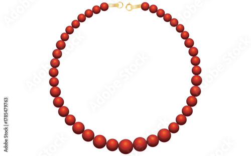 Red Pearl Necklace On White Background, Vintage Jewelry Beads Garland Vector Illustration.