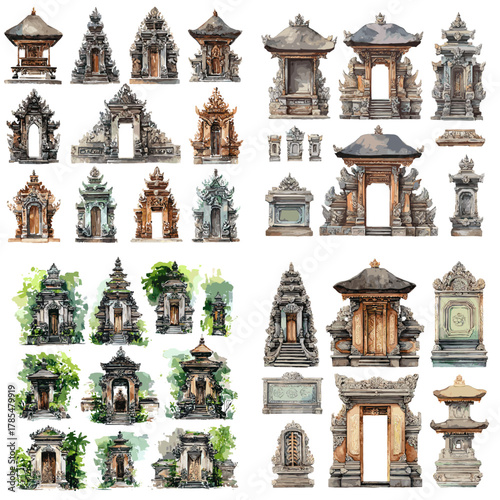 Watercolor collection of Balinese temple gates, shrines, and traditional stone architecture with ornate carvings and tropical greenery. Ideal for cultural, heritage, and travel-themed designs.