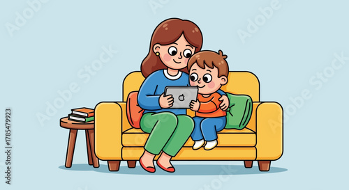 Mother and son sitting on a yellow couch looking at a tablet with books on a stool beside them