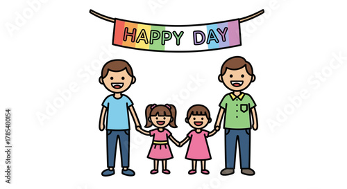 Cartoon illustration of two men and two girls holding hands under a happy day banner