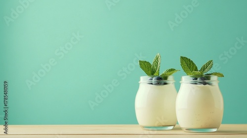 Glass jars of plain yogurt with fresh blue berry on top with mint on wooden surface bright background.
