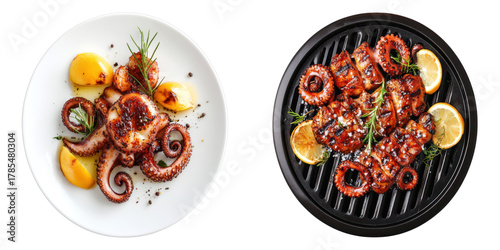 Grilled octopus and potatoes on white plate next to another grilled octopus with lemon slices 
