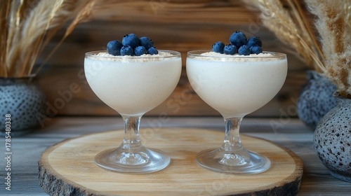 Glass of plain yogurt with fresh blue berry on top with mint on wooden surface.