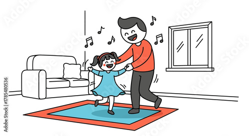 Illustration of father and daughter dancing in living room with music notes and furniture around them