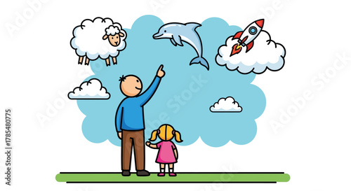 A man and a child looking at a sheep, a dolphin and a rocket in the sky with clouds around them