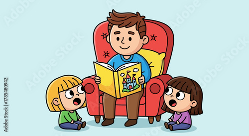 A man reading a storybook to two children sitting on the floor in front of him in a red armchair