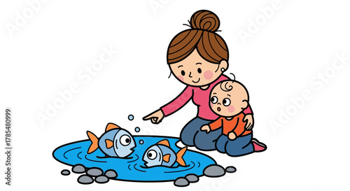 A woman and a baby looking at fish in a pond with rocks around it in a cartoon style image