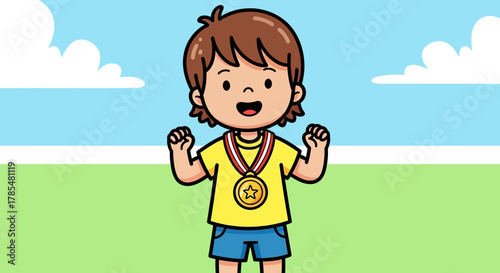 Cartoon boy wearing a gold medal standing in a field with a blue sky and white clouds behind him