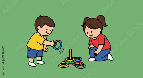 Cartoon illustration of two children playing ring toss on a green background outdoors together