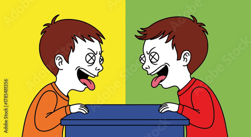 Two boys with crossed eyes sticking out tongues facing each other over a blue table on split backgrounds