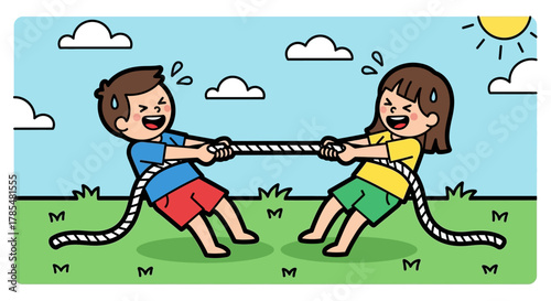 Cartoon illustration of boy and girl playing tug of war on a sunny day with clouds in the sky