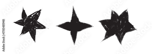 set of black stars among scribble doodles, color collage. Flat vector illustrations isolated on white background