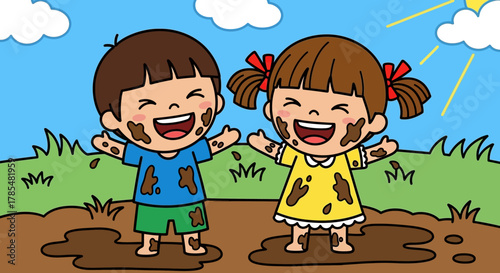Cartoon illustration of two happy children covered in mud standing in a muddy puddle outdoors