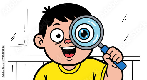 A cartoon boy looking through a magnifying glass with a curious and happy expression on his face