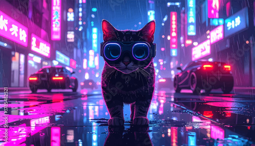 Cool cyberpunk cat with glowing neon glasses at night. Futuristic cat wearing neon goggles on wet city street. Stylish neon cat walking under glowing urban lights