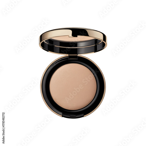 A round compact powder case with a golden rim and black glossy body