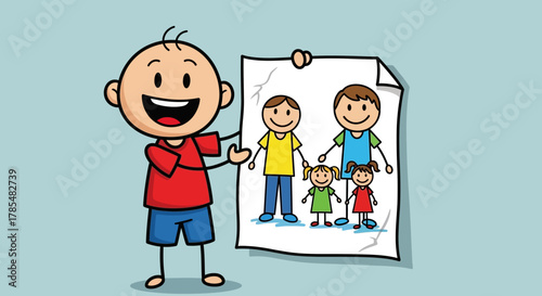 A boy holding a drawing of a family with two parents and two daughters on a light blue background