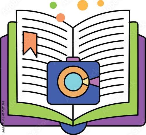 Open book with colorful pages camera icon bookmark and floating dots representing creativity learning and photography in playful modern style
