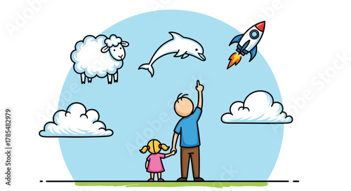 A father and daughter looking at a sheep dolphin rocket and clouds in a light blue sky drawing