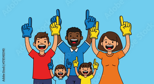 A cartoon family cheering with foam fingers in a light blue background illustration style image