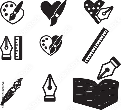 The icons include a paintbrush, a heart-shaped palette, a ruler, a pen nib, and an open book. set icon