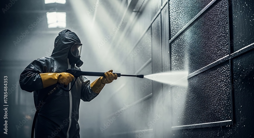 Naklejka premium Person in protective suit pressure washing dark textured wall