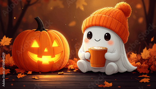 Adorable ghost with pumpkin latte in cozy fall atmosphere. Cute Halloween ghost sipping coffee beside glowing pumpkin. Smiling ghost holding cup of coffee surrounded by autumn leaves