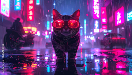 Cat with red neon glasses walking in a vibrant cyberpunk city. Futuristic cat in glowing red glasses, strutting through the streets. Neon red glasses-wearing cat under city lights on a rainy night