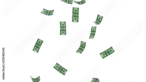 Green Screen Financial Element with 2d animation motion graphics drawing of money dollar bill or bank note thrown up and falling down on white alpha matte in hd high definition distortion, overlay