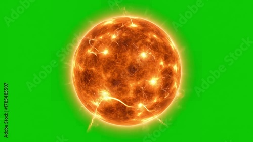 Rotating Stellar Core Element with sun 4k solar atmosphere isolated on green background close up of against screen 3d loop distortion, overlay, glitch, static noise, scan lines black background